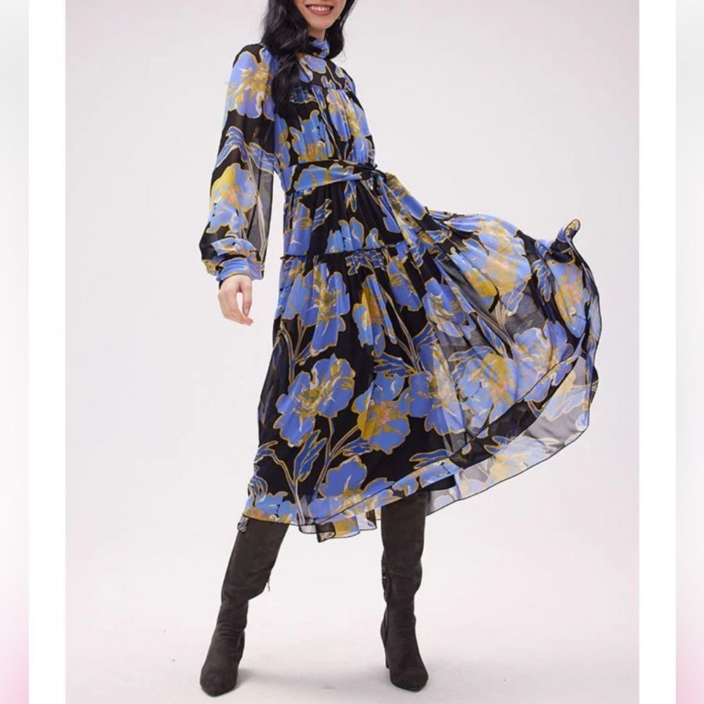 Diane Von Furstenberg Blue and Yellow Floral Midi Dress